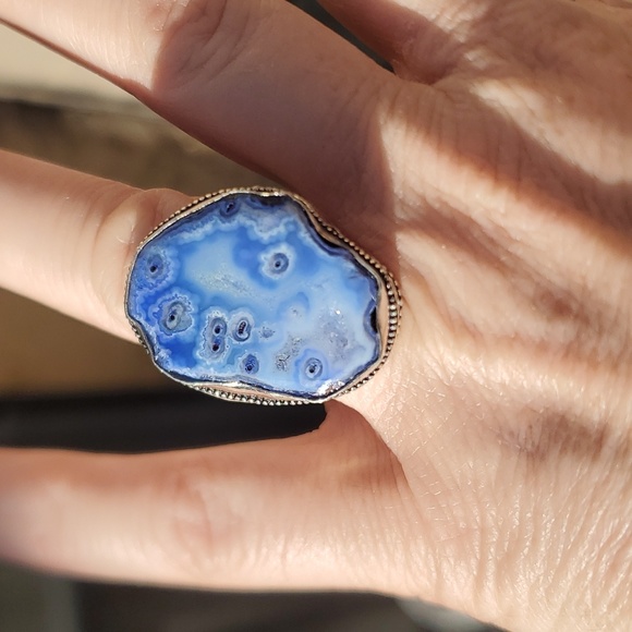 New Blue Solar Quartz Agate Druzy 925 Silver Statement Ring. - Picture 15 of 16